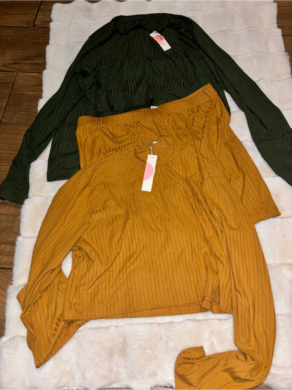 3SETS PLUS SIZE Ribbed Long-Sleeve Top - Olive Green and Mustard& black